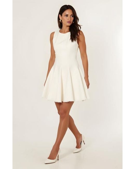 Modenaire White Sleeveless Fit And Flare Dress With Raw Edge Hem And Seam Detailing
