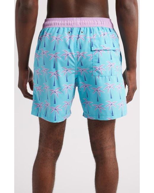 Tom & Teddy Blue Palm Tree Print Swim Trunks for men