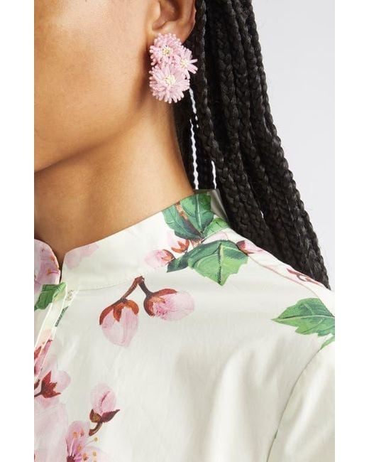 Oscar de la Renta Pink Beaded Pompom Flower Clip-On Earrings