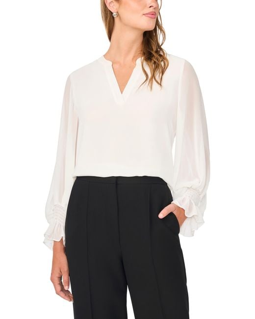 Vince Camuto White Ruffle Cuff Split Neck Top