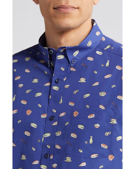 Johnston & Murphy Blue Sushi Print Short Sleeve Cotton Button-down Shirt for men