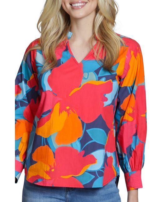 Apny Orange Floral Print Split Neck Top
