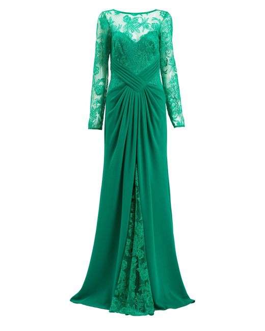 Tadashi Shoji Green Floral Embroidery Long Sleeve Mixed Media Gown