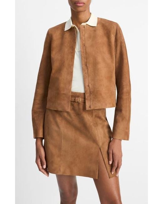 Vince Brown Collarless Cropped Suede Jacket