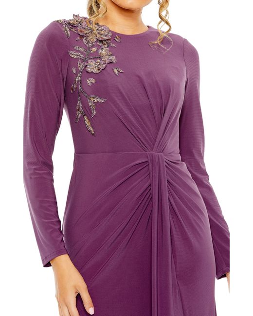 Mac Duggal Purple Embellished Long Sleeve Jersey Gown