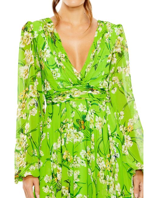 Ieena for Mac Duggal Green Floral Long Sleeve Chiffon A-line Gown
