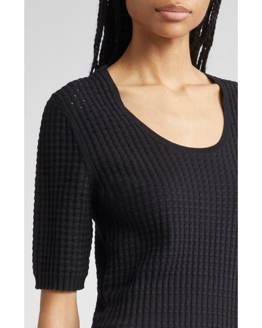 Lafayette 148 New York Black Mixed Stitch Short Sleeve Sweater