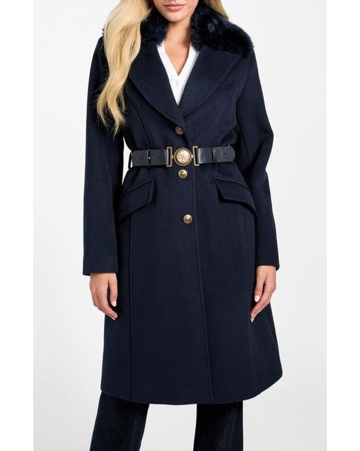 Guess Blue New Patrice Belted Coat With Removable Faux Fur Collar