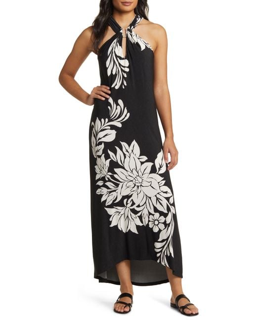 Tommy Bahama Black Midnight Sea Floral Sleeveless Matte Jersey Maxi Dress