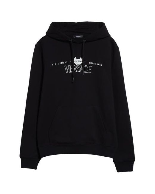 Versace Black Via Gesù Logo Graphic Hoodie for men