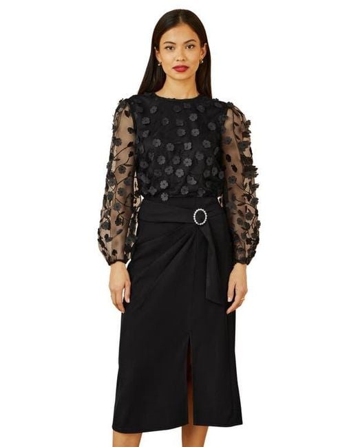 Yumi' Black Long Sleeve Sheer Floral Top