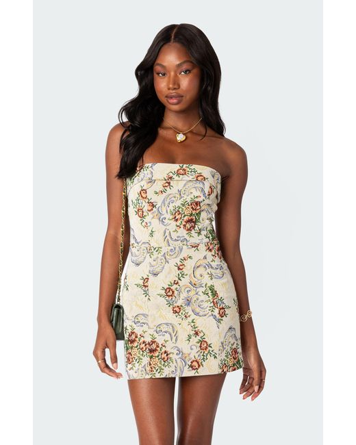 Edikted Natural Floral Tapestry Lace-up Back Strapless Minidress