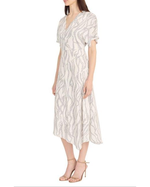 Maggy London White Abstract Print Asymmetric Midi Dress