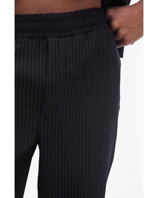 Topman Black Plissé Wide Leg Drawstring Pants for men