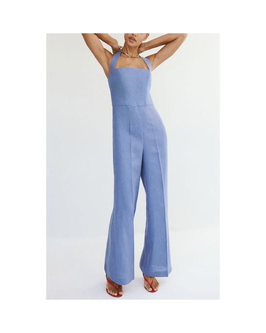 Mango Blue Solid Linen Halter Jumpsuit