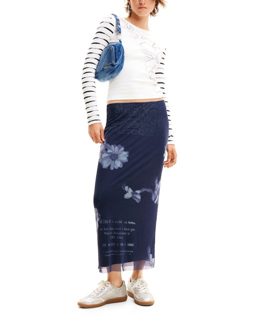 Desigual Blue Fal Nona Text & Floral Print Mesh Skirt