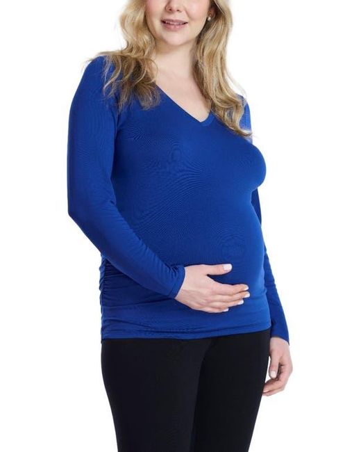 Motherhood Maternity Blue V-Neck Side-Ruched Maternity Long Sleeve Tee