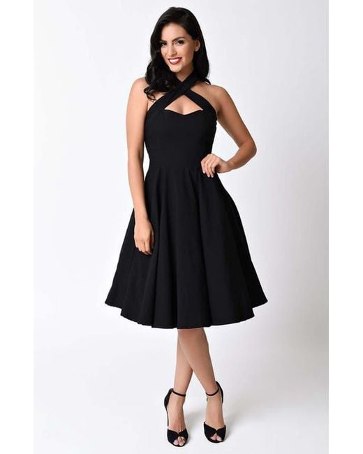 Unique Vintage Black 1950S Criss Cross Halter Rita Flare Dress