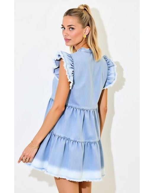 Modenaire Blue Tiered Denim Ruffle-Sleeve Frayed-Hem Mini Dress