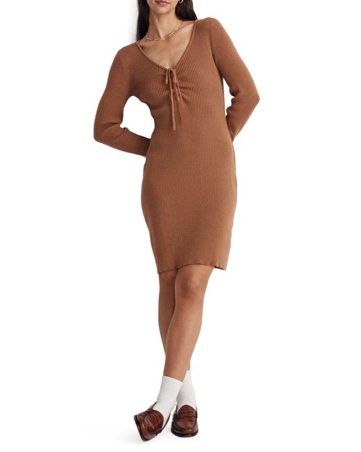 Madewell Brown Tie Front Long Sleeve Ruched Body-con Minidress