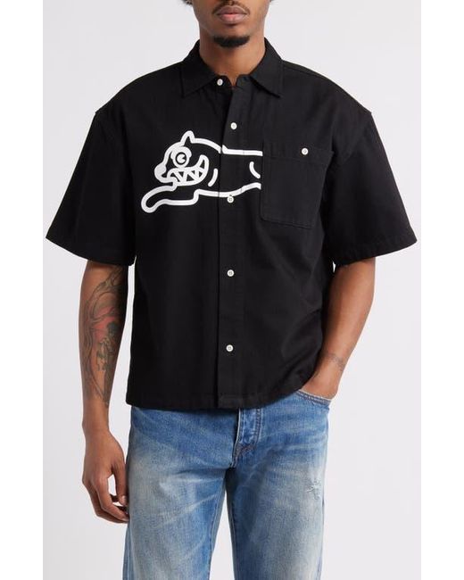 ICECREAM Black Running Dog Short Sleeve Denim Graphic Button-Up Shirt for men