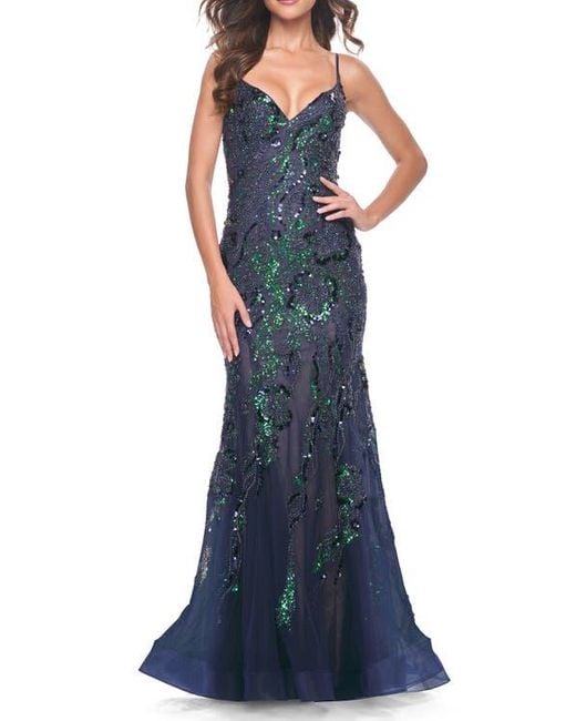 La Femme Women's Blue Mermaid Sequin And Beaded Embellished Prom Dress