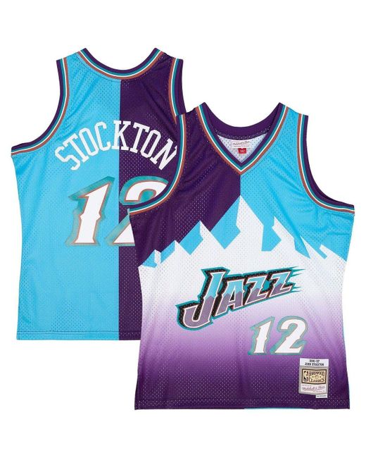 Men's Utah Jazz John Stockton Mitchell & Ness Purple/Turquoise Hardwood  Classics 1996/97 Split Swingman Jersey
