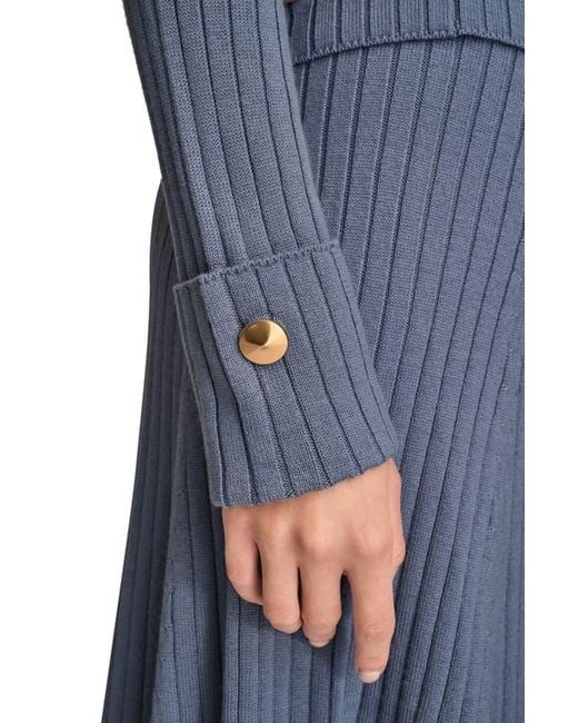 Donna Karan Blue Button Shoulder Boat Neck Rib Sweater