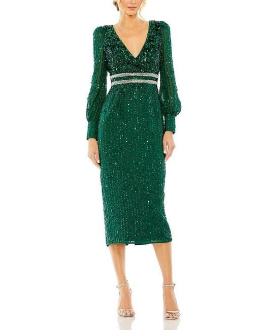 Mac Duggal V-Neck Sequined Overlay Gown With Long Bishop Sleeves And  Embellished Waist in Green | Lyst
