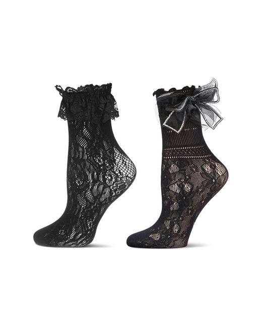 Memoi Black Lace Ruffle Cuff Assorted 2-pack Ankle Socks