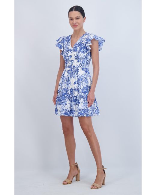 Eliza J Blue Floral Flutter Sleeve Fit & Flare Cotton Dress