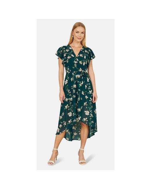 yumi green dress Yumi Bird And Floral Print Ruched Waist Kimono Midi Dress Green by Yumi