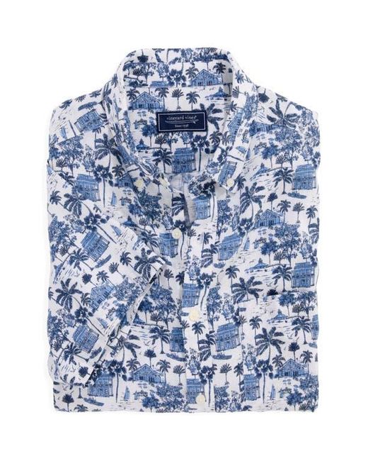 Vineyard Vines Blue Gasparilla Scenic Print Short Sleeve Linen Blend Button-Down Shirt for men