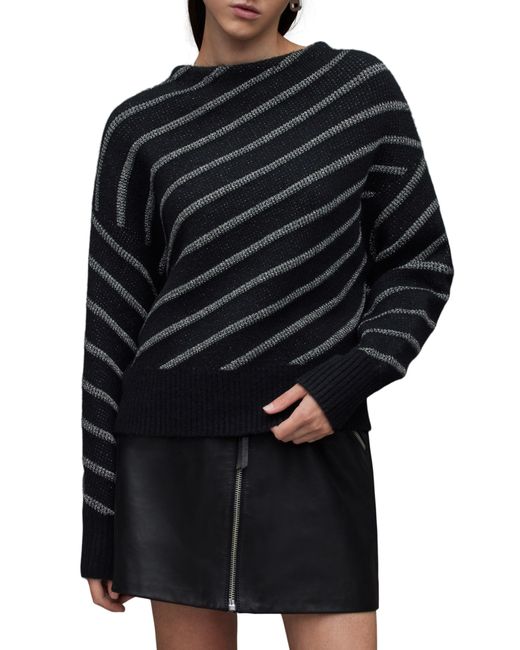 AllSaints Vega Asymmetric Stripe Sweater in Black | Lyst