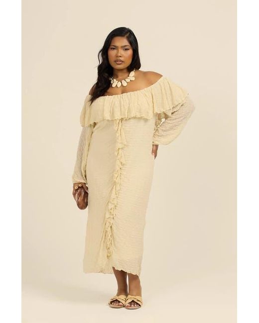 FASHION-SZN CURVE Natural Long Sleeve Ruffle Bardot Midi Dress