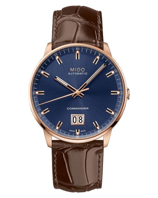 MIDO Blue Commander Big Date Automatic Croc Embossed Leather Strap Watch, 42Mm for men