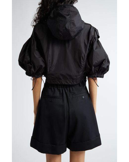 Simone Rocha Black Floral Appliqué Hooded Puff Sleeve Crop Jacket