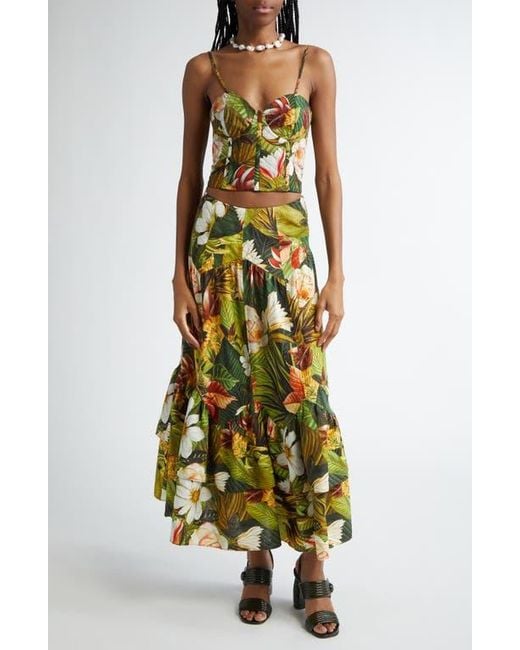 Farm Rio Green Botanical Forest Linen Blend Maxi Skirt