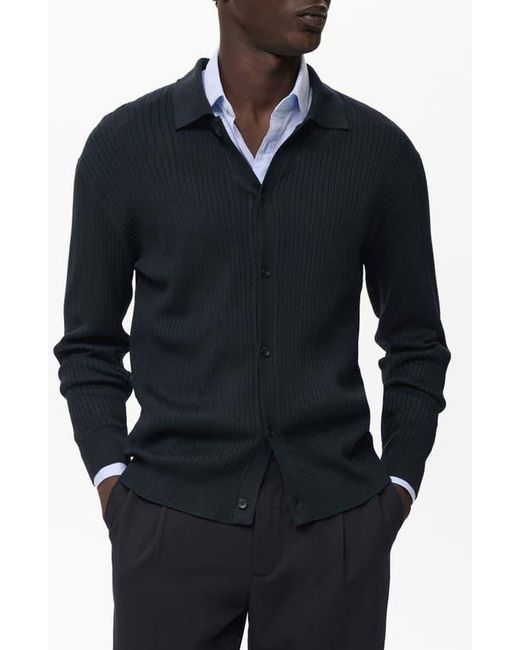 Mango Blue Ribbed Full Button Cardigan for men