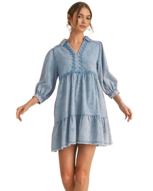Knit \u0026 Lounge Women's Blue Wave Knit Tiered Collared Pocket Mini Dress