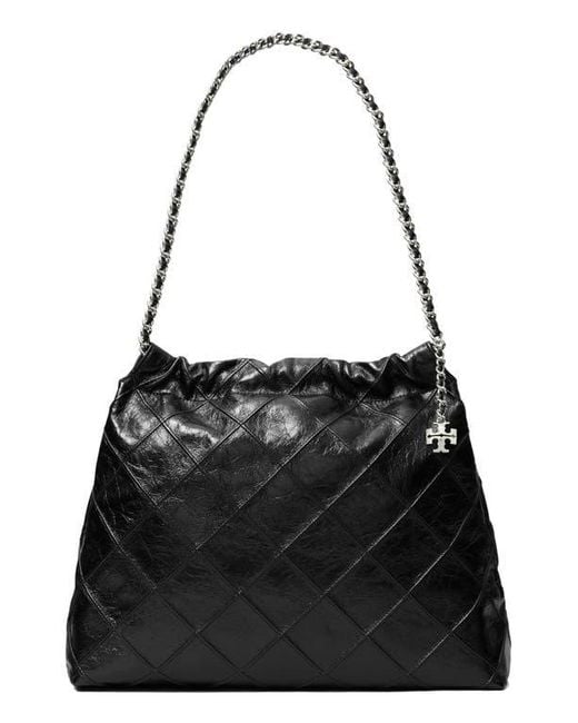 Tory Burch Black Fleming Distressed Quilted Leather Hobo Bag