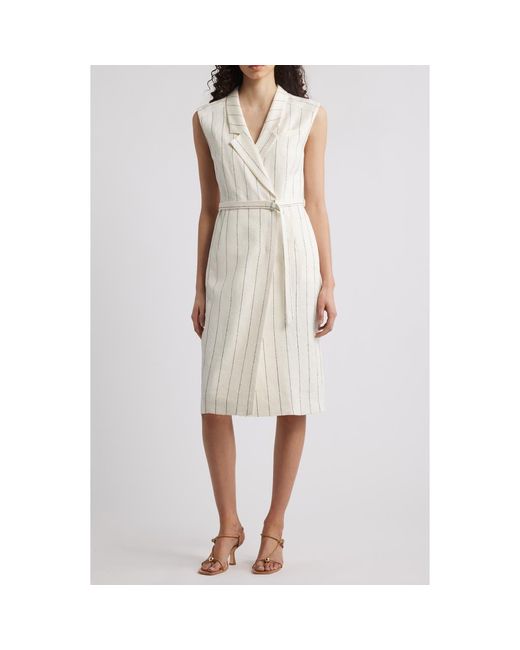 Boss White Drupe Pinstripe Linen Blend Dress