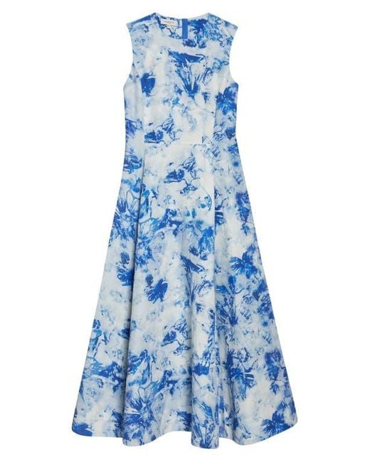 Lafayette 148 New York Blue Floral Sleeveless Silk & Linen Fit & Flare Dress