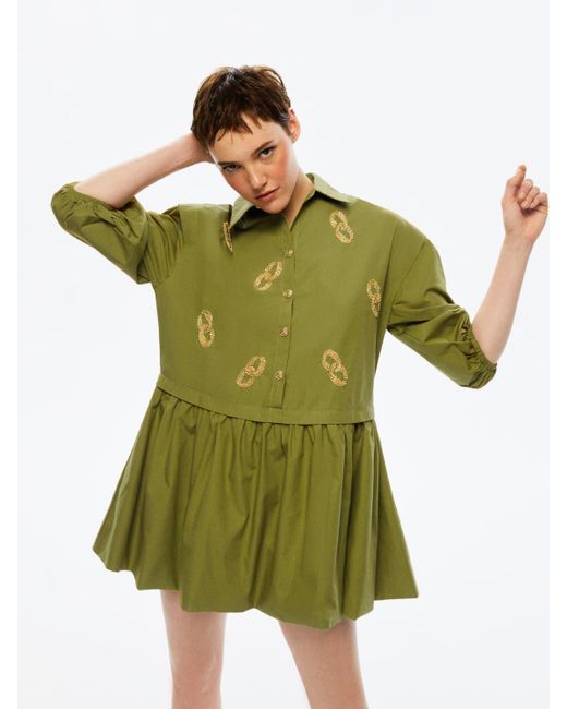 Nocturne Green Embroidered Balloon Sleeve Dress