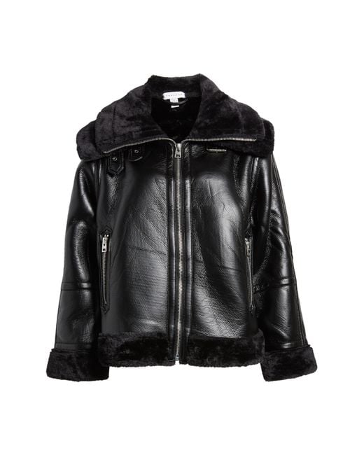 Faux Leather Aviator Jacket With Faux Fur Trim in Black Lyst