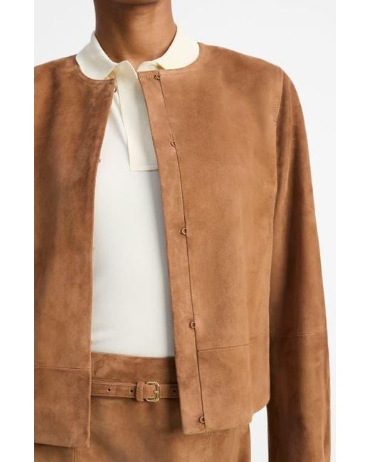 Vince Brown Collarless Cropped Suede Jacket
