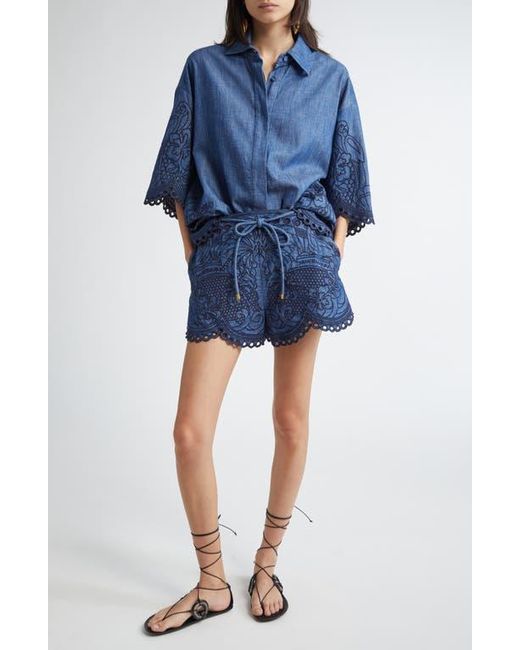 Zimmermann Blue Coco Embroidered Denim Shorts