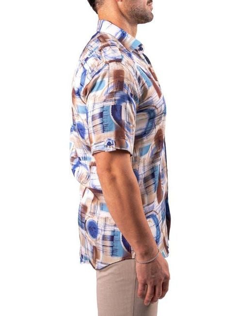Maceoo Blue Galileo Resistance Abstract Print Short Sleeve Button-Up Shirt for men