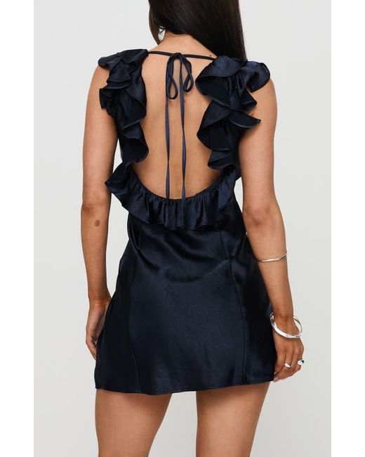 butacup frill mini dress navy Princess Polly Butacup Ruffle Plunge Neck Satin Minidress in Blue