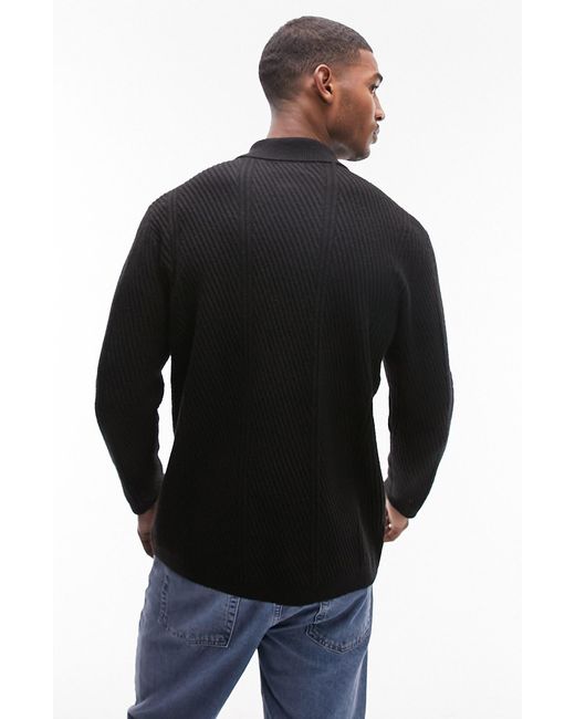 Topman Black Textured Zip Polo Sweater for men
